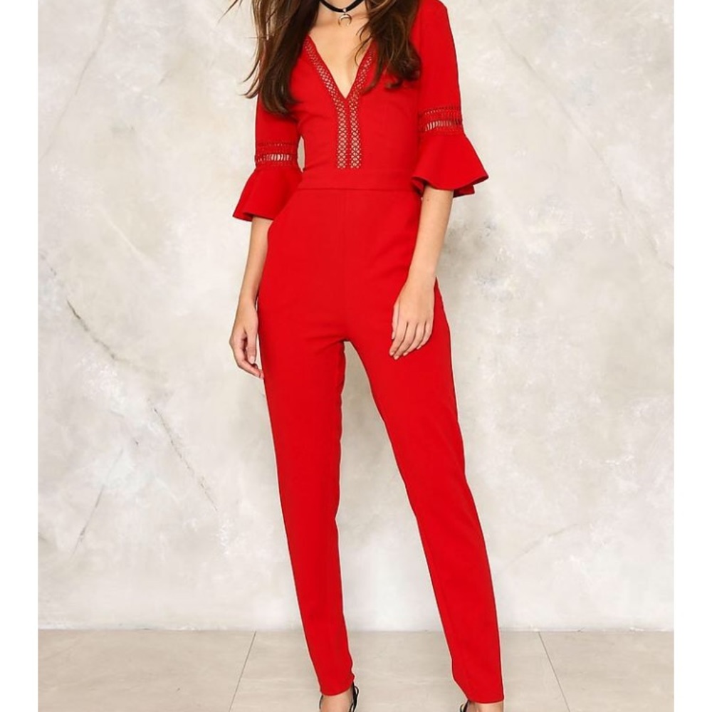 Nasty Gal Tapered Leg Red Jumpsuit V-Neck NWT